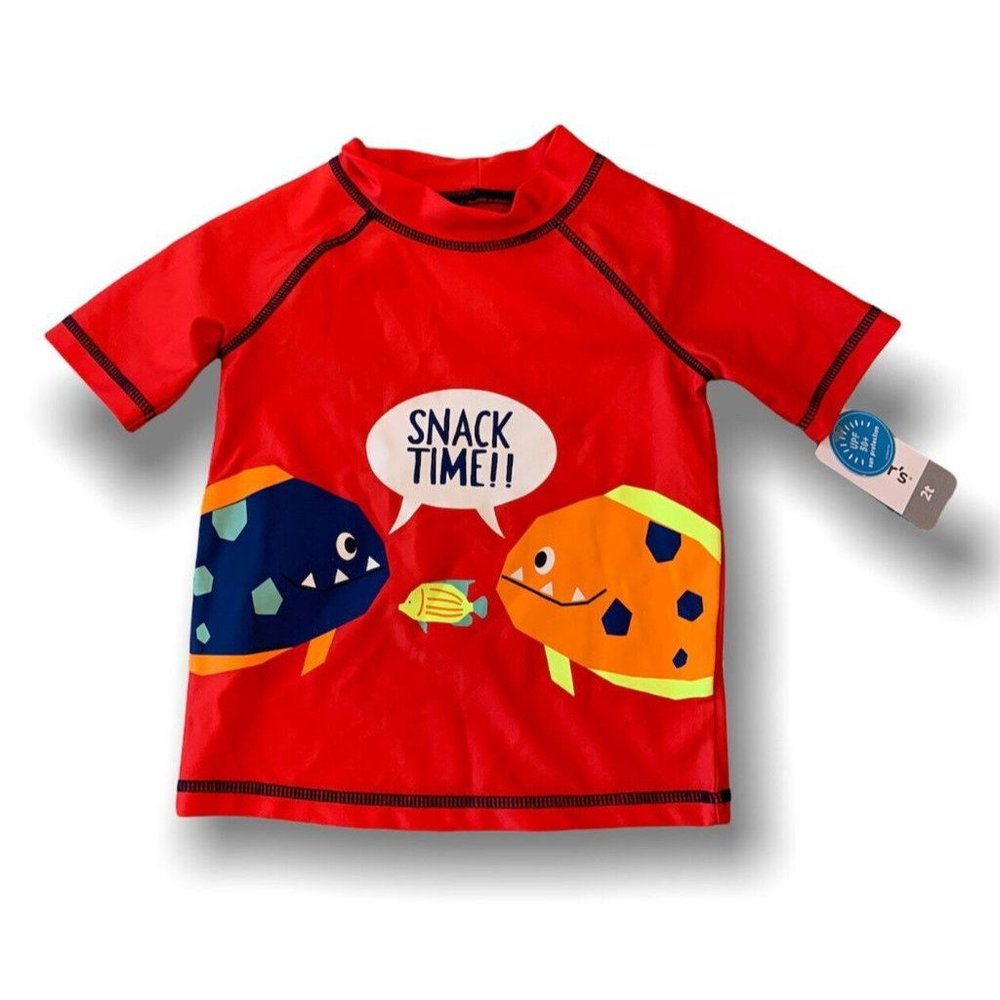 2T Carter's Boys Rashgaurd Swim Shirt Red "Snack Time" Fish UPF 50+ Sun Protecti